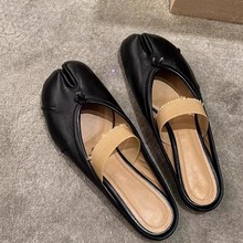 羊皮版~小众猪脚分趾女鞋真皮包头半拖鞋女夏平底猪蹄凉拖女鞋子
