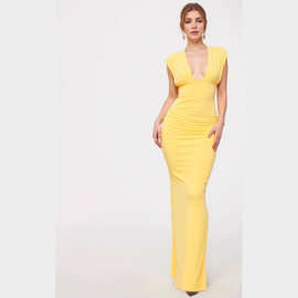 欧美性感女装跨境亚马逊新款性感深V领纯色开叉露腿Dress新款