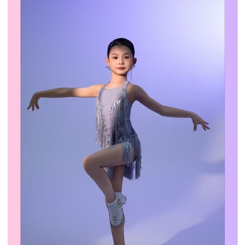 拉丁舞儿童连衣裙表演新款女童舞蹈流苏亮片练功少儿演出服服装|undefined