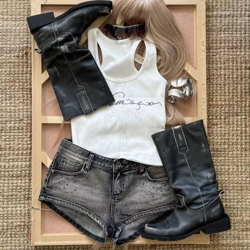 Yb 26Ss Authentic Korean Designer Style Hot Girl Rhinestone Letter Embellished Versatile Tank Top