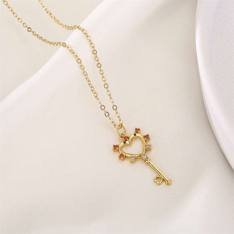 Fashion Key Copper Plating Hollow Out Inlay Zircon Pendant Necklace 1 Piece