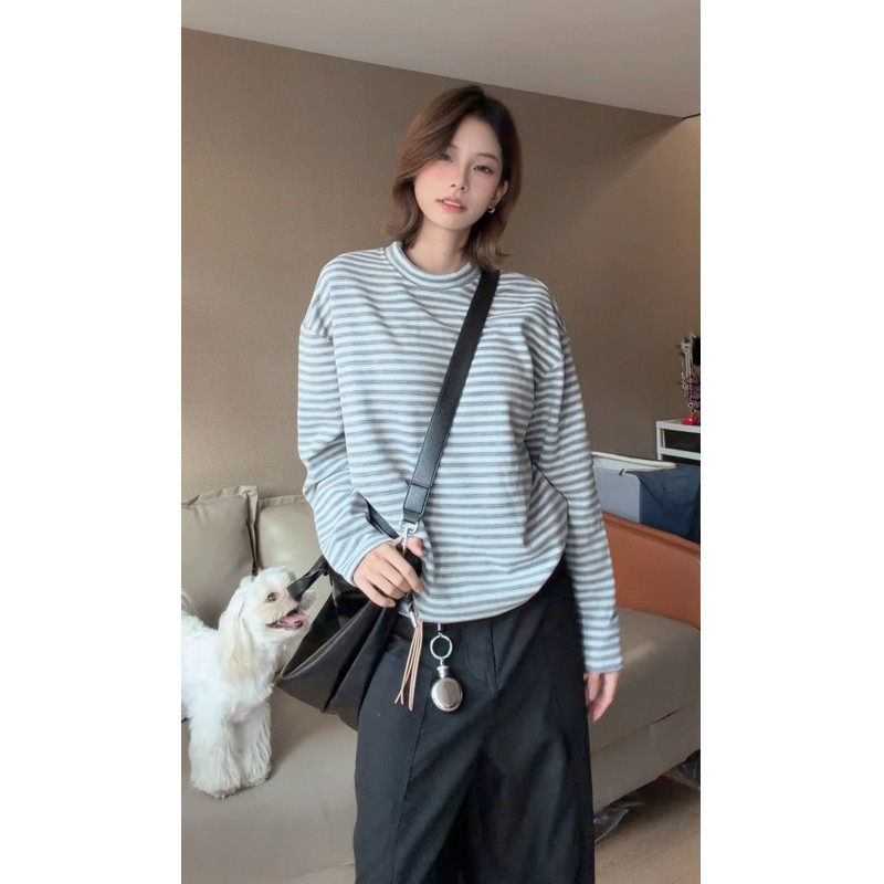 实拍图加厚德绒设计感半高领百搭款T恤条纹冬季打底衫男女长袖T