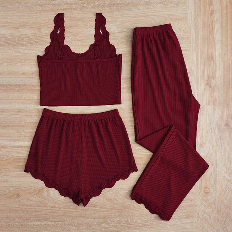 카미솔 반바지 바지 파자마 여성 슬림 핏 세트 국경 간 레이스 3 종 세트 폭발