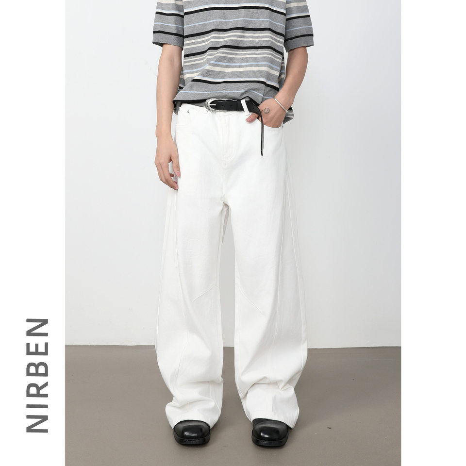 Quần jean nam dáng rộng ống đứng phong cách retro Mỹ, giặt mài làm cũ, dễ phối đồ — Màu trắng, Xanh hoài cổ, Đen xám