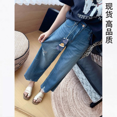 夏季薄款软牛仔阔腿裤女2025新款时尚高腰破洞凉感百搭九分直筒裤