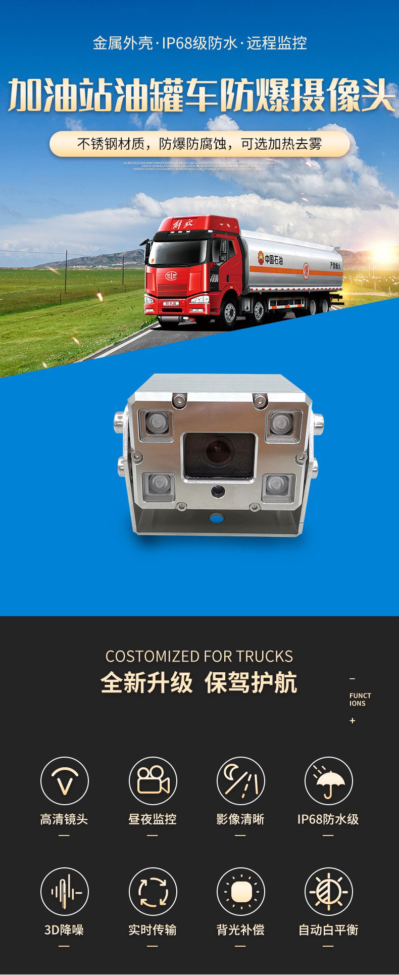 304 stainless steel explosion-proof waterproof dustproof HD infrared night vision wide angle full color IP68 car surveillance camera