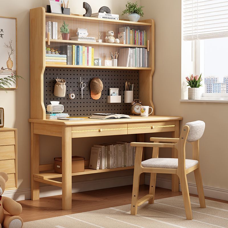 Solid Wood Desk and Bookcase Integrated Table for Students, Home Writing Desk with Pegboard, Bedroom Children's Homework Desk