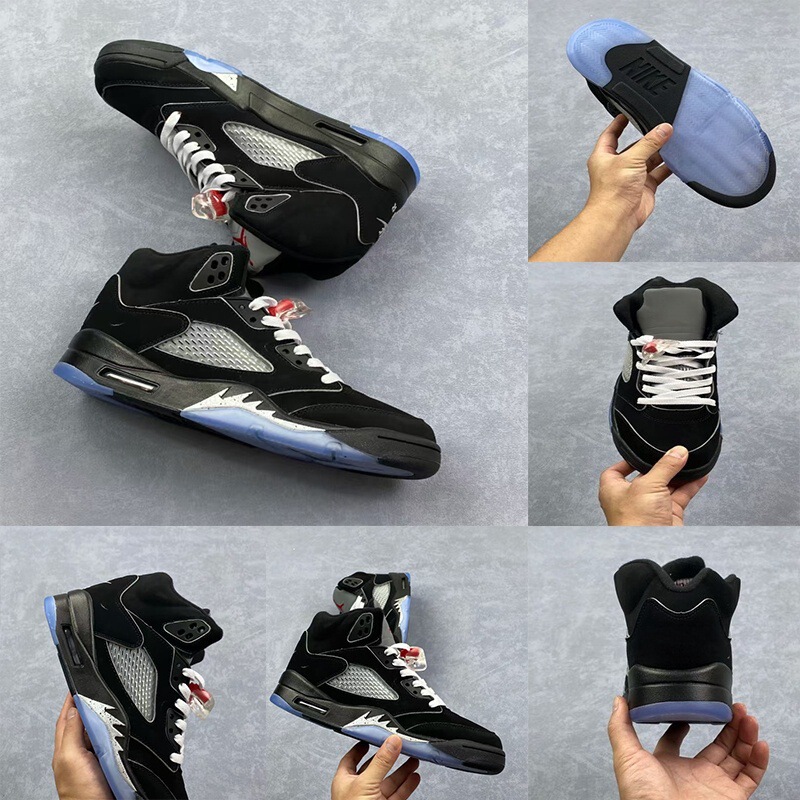 Foreign Trade Aj5 Men's High-Top Basketball Shoes, Jordan 5 Air-Cushioned Couple Basketball Shoes, Men's and Women's Black and Blue Flame Red Sports Shoes