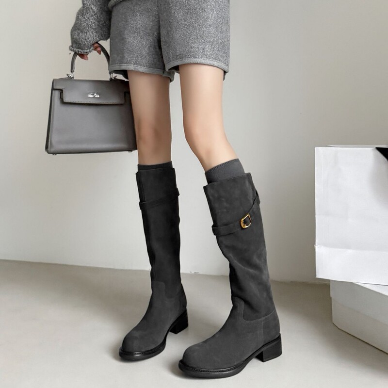 [in Stock] Super Stylish Chunky Heel Thick Sole Belt Buckle Western Long Boots for Women, Stacked Boots, Long Riding Boots, High Boots