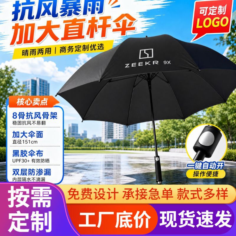 Large wind-resistant automatic umbrella, straight pole, double-layer, sun protection, advertising umbrella, Volvo 4S store umbrella
