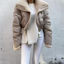 韩国女装高货手塞棉羊羔毛纯色棉服 宽松加厚韩版时尚双面穿外套