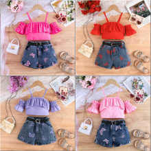 跨境新品夏季女童牛仔马甲上衣+吊带内衣+绿色百折裙+皮带四件套