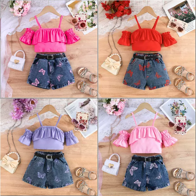 跨境新品夏季女童牛仔马甲上衣+吊带内衣+绿色百折裙+皮带四件套