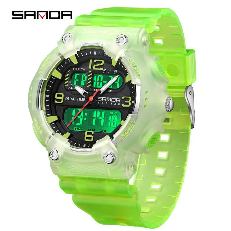 SANDA reloj juvenil de moda color contraste doble pantalla reloj multifuncional para hombres y mujeres estudiantes reloj electrónico de luz nocturna