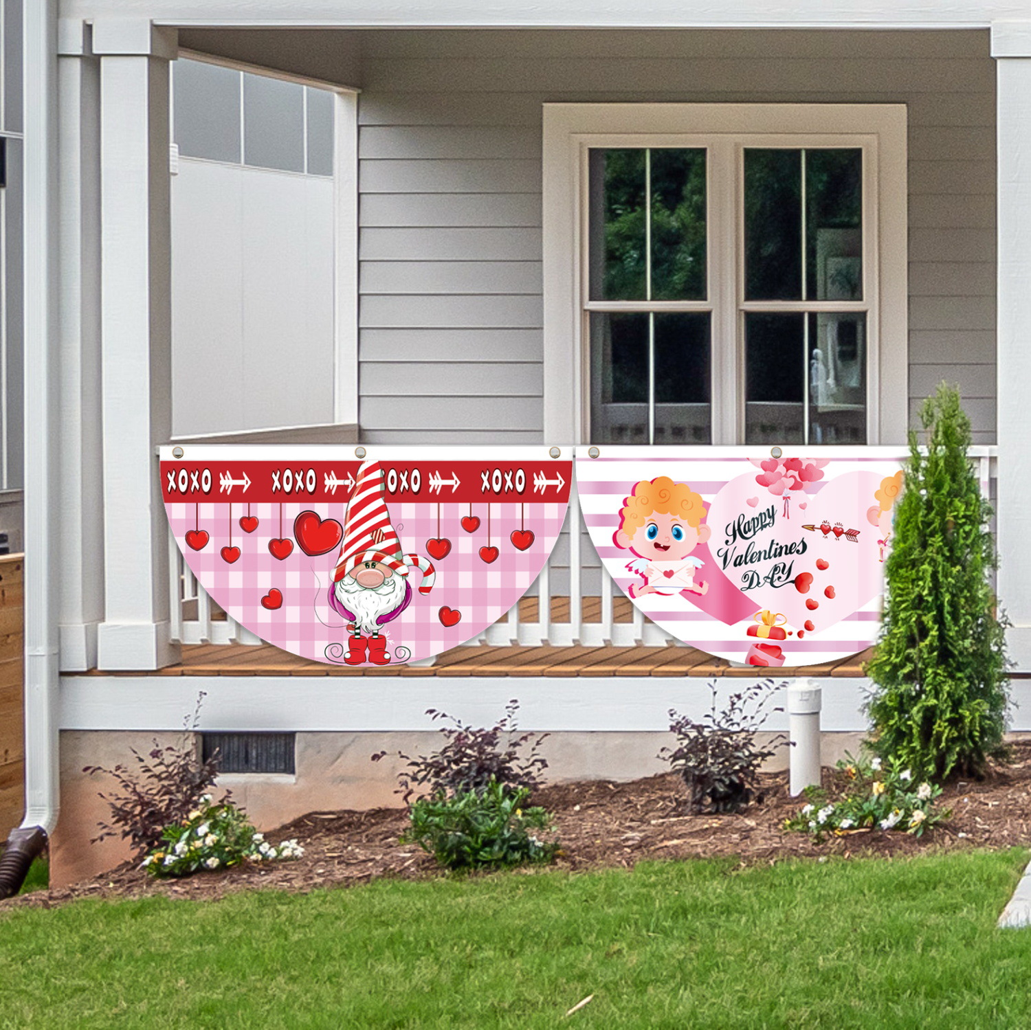 Transfronterizo nuevo día de San Valentín fan bandera aniversario de boda decoraciones al aire libre creativo impreso dibujos animados semicírculo bandera