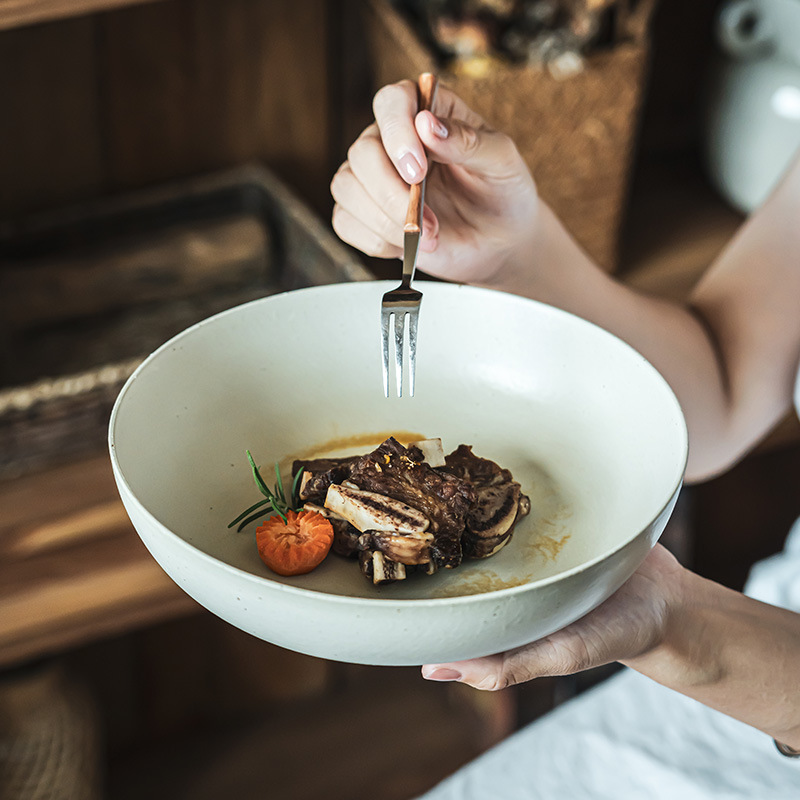 Tacos de cerámica de color sólido de estilo japonés retrógrado, tazones de cerámica de color sólido, tazones de platos, tazones de platos, tazones de pasta, tazones de ensalada