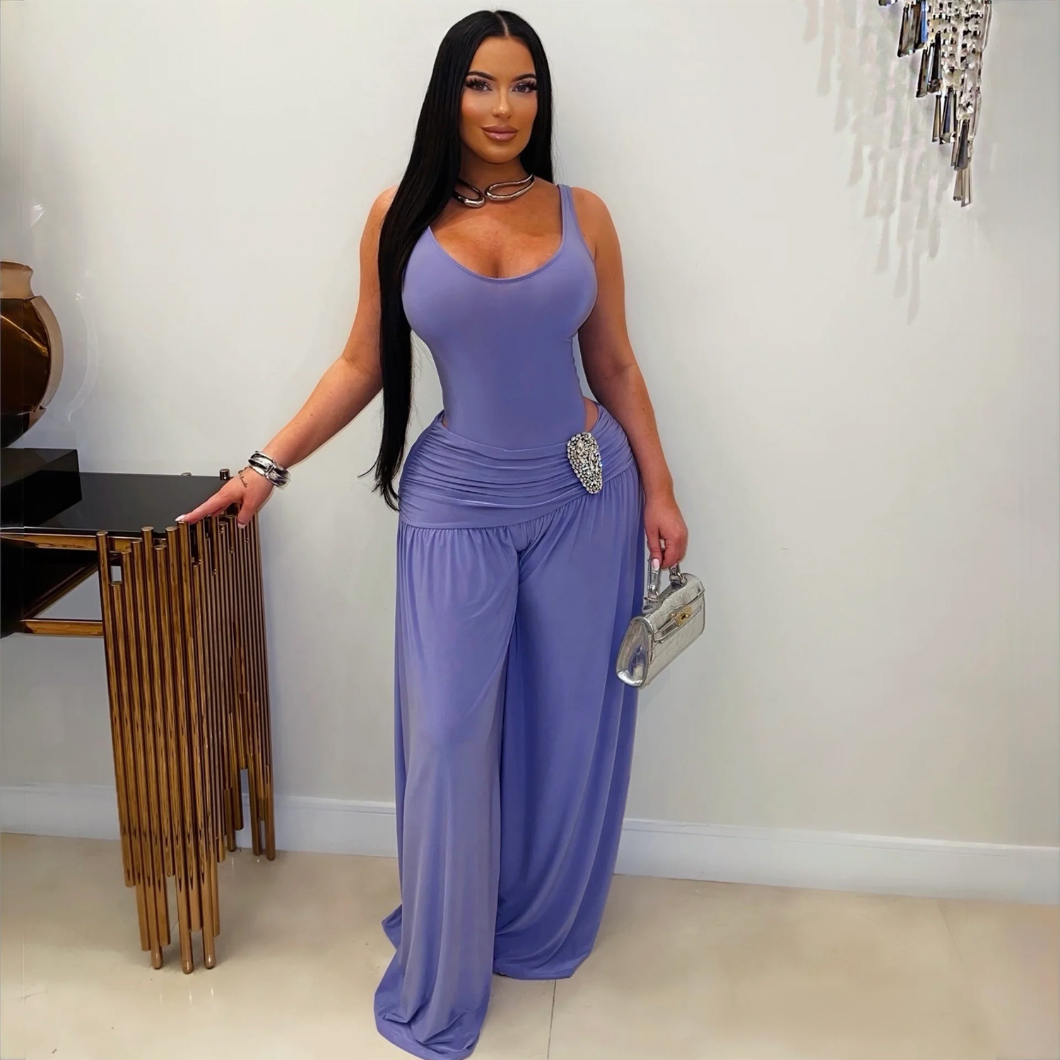 C7779 transfronterizo 2026 nueva ropa de mujer de color sólido U cuello de cintura alta delgada pantalones de piernas anchas sexy hot-girl plantares casuales