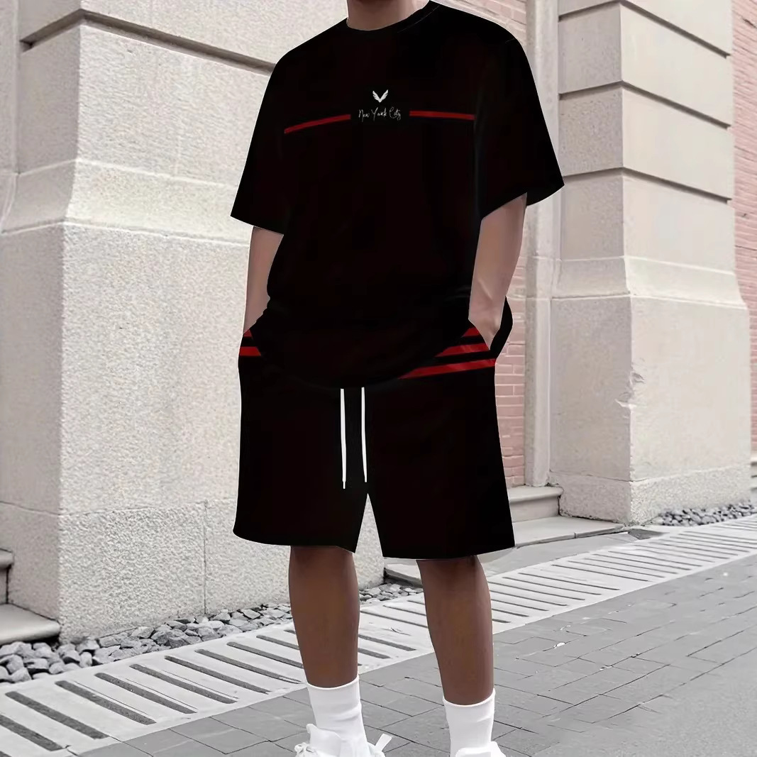 Men's Summer Gradient Letter 3D Digital Print T-Shirt And Shorts Set Trendy Casual Basic Comfortable Two-Piece Outfit_viptrois.com