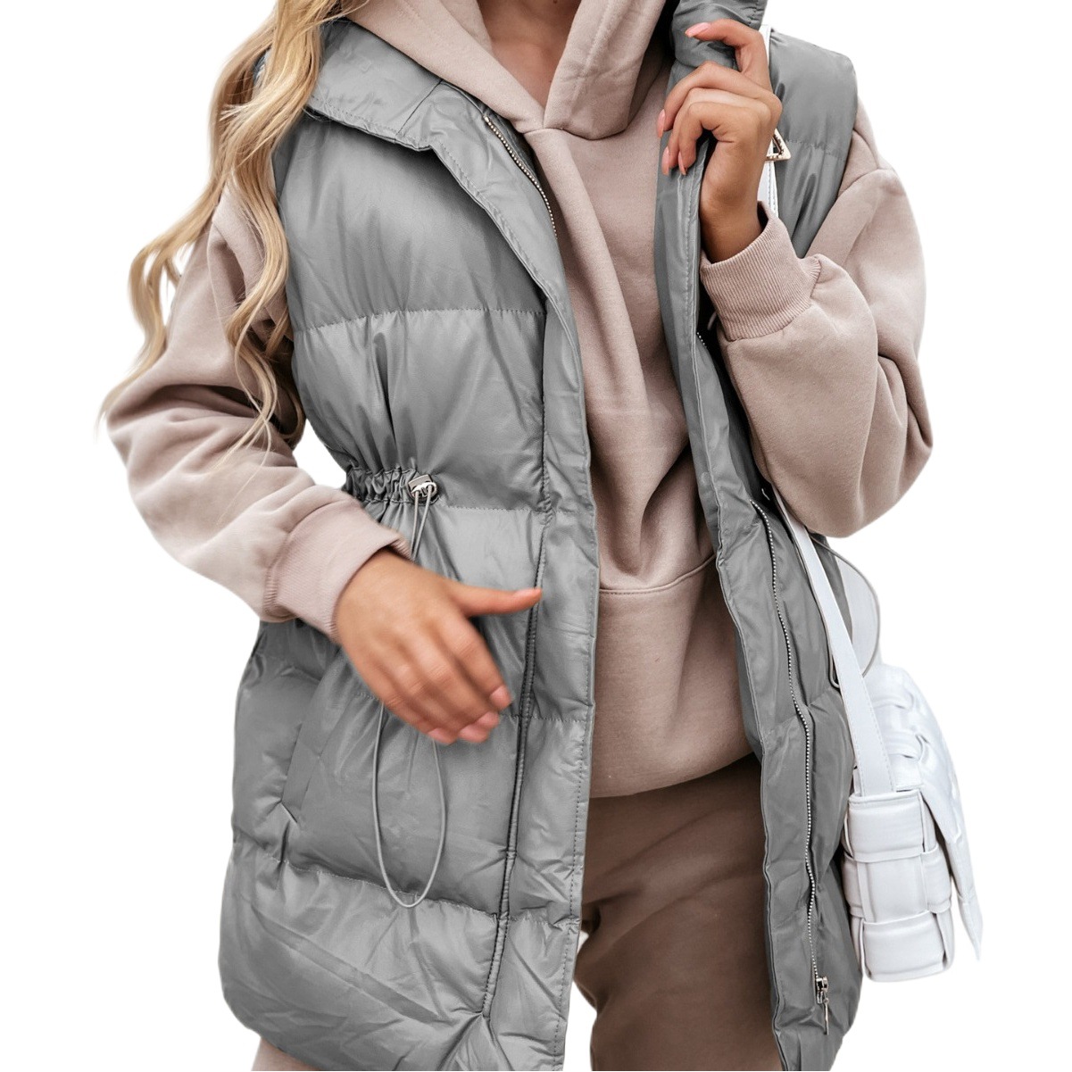 2023 europeo y americano Amazon Otoño e Invierno nueva ropa de mujer de media longitud de color sólido con cordón bolsillo suelto con cremallera chaleco acolchado de algodón
