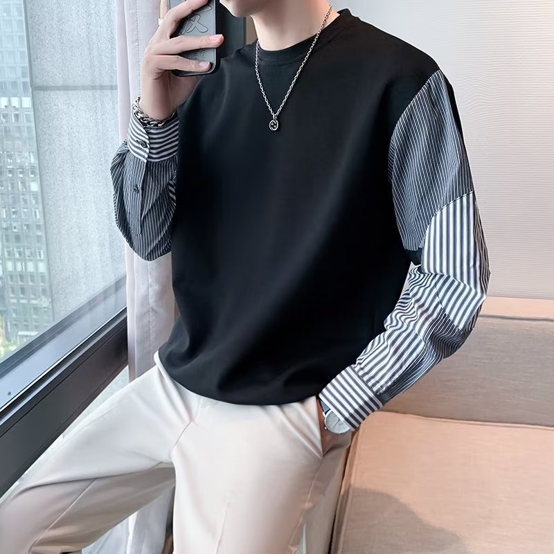 Suéter de cuello redondo con costuras a rayas de tendencia, estilo de Hong Kong para hombres, diseño suelto literario, otoño e invierno, top casual para hombres