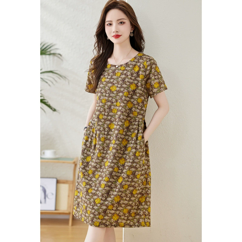 Платье из хлопка и льна, женское с короткими рукавами, лето 2025, новый стиль, свободная повседневная утягивающая юбка для мамы и классическая юбка из хлопка и льна, закрывающая тело.