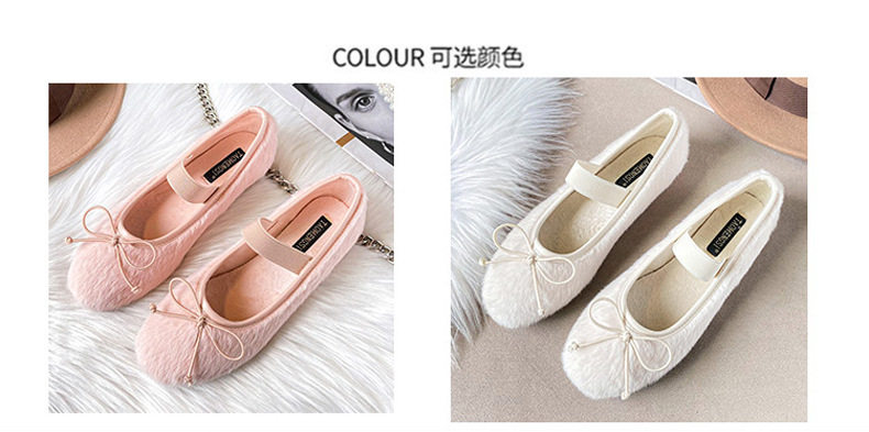 Giày búp bê nữ có lông nơ một quai, đế bệt giữ ấm, cỡ lớn — Màu hồng, Màu trắng chi tiết 7
