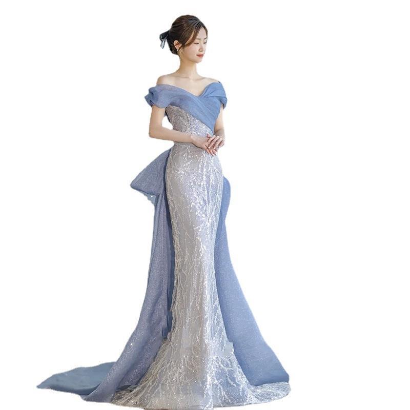 Vestido de banquete azul claro trabajo pesado con cuentas Vestido de cola de pez de lujo súper ligero de hadas vestido de tostada Reunión Anual vestido de pasarela fuera del hombro image 5
