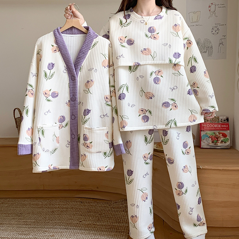 Maternity Autumn/Winter Air Cotton Postpartum Nursing Pajamas Three-Piece Set for Pregnant Mothers with Layered Cardigan for Home Wear Maternity Autumn/Winter Air Cotton Postpartum Nursing Pajamas Three-Piece Set for Pregnant Mothers with Layered Cardigan for Home Wear