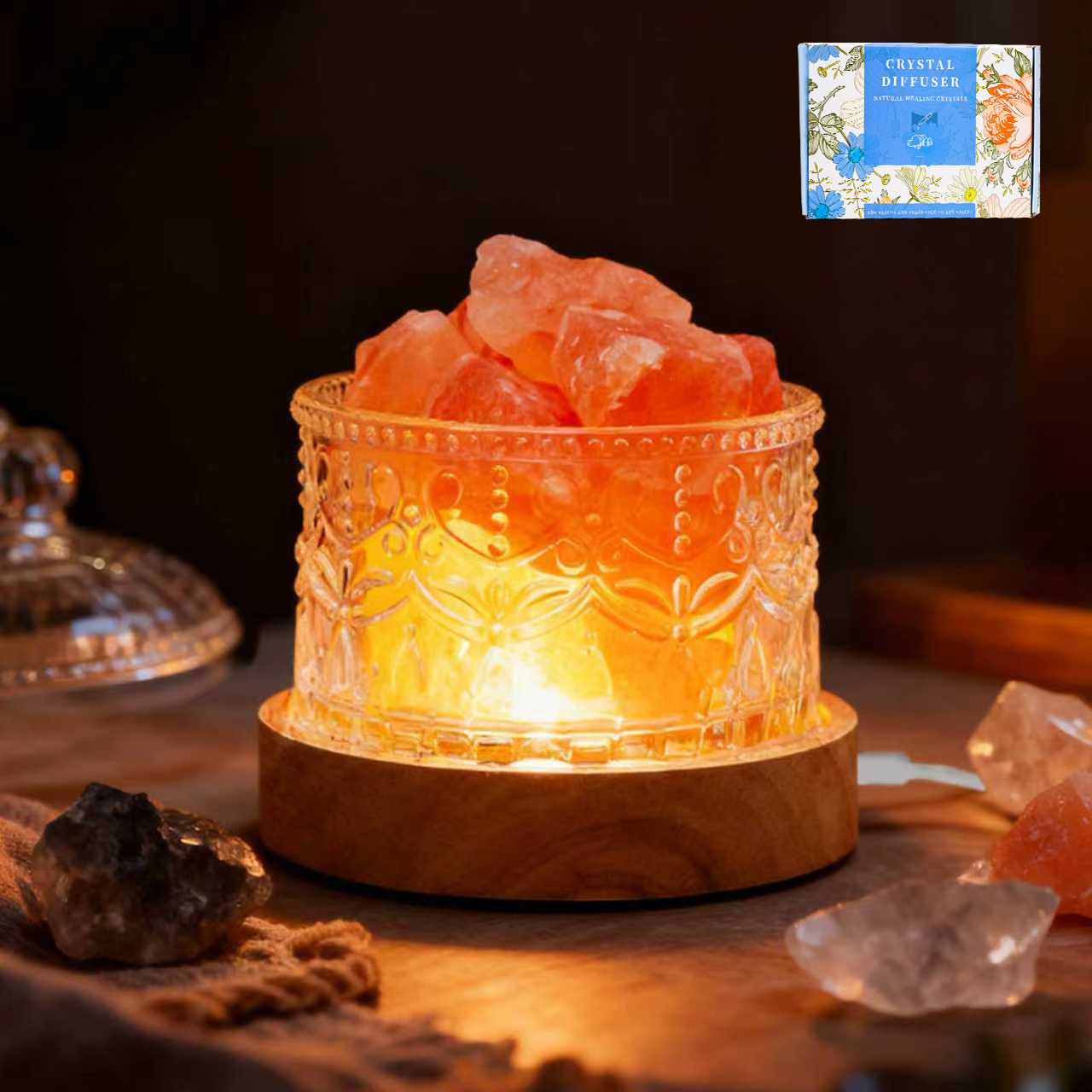 [Caja de regalo] Piedra de sal naranja de 2-4 cm, 300 g + cuenco de cristal con corona + base USB redonda tricolor