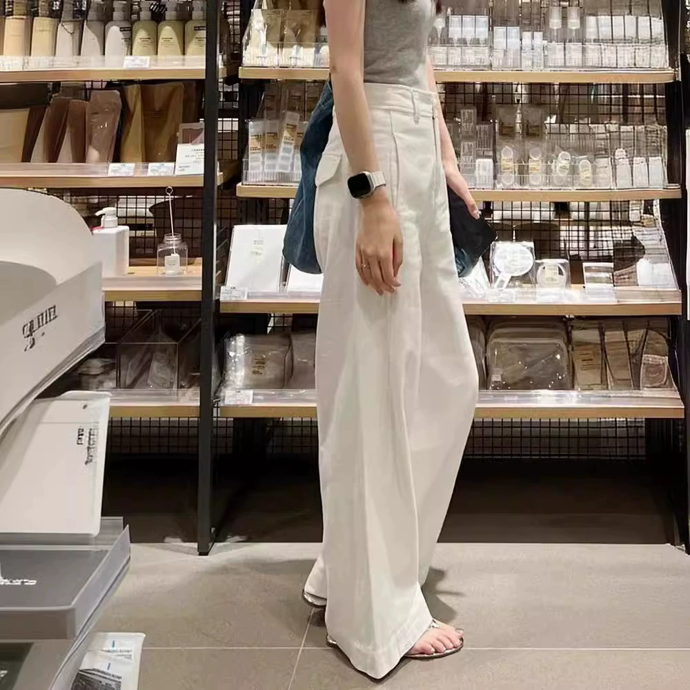 Продвинутый оттенок белый с высокой талией узкий костюм широкие брюки женские летние тонкие свободные вертикальные брюки