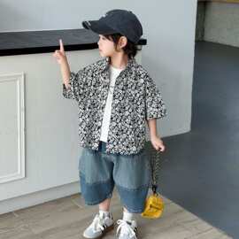 痞帅男童夏季短袖衬衫套装2026新款洋气小童宝宝衣服儿童两件套潮