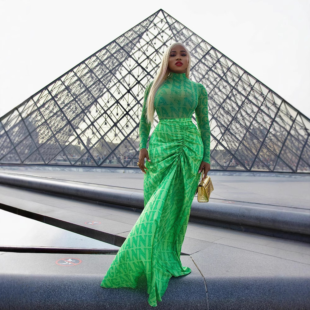Y6050 Cross-Border European And American Women's Fashion Autumn Winter New Mesh Top Ruched Slim Long Skirt Two-Piece Set_ecoleips.com