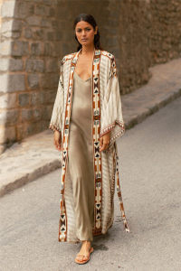 product - wholesale Rayon Positioning Printed Sexy Cardigan with Belt Beach Cover-up Vacation Skirt Beach Cover Up - 15
