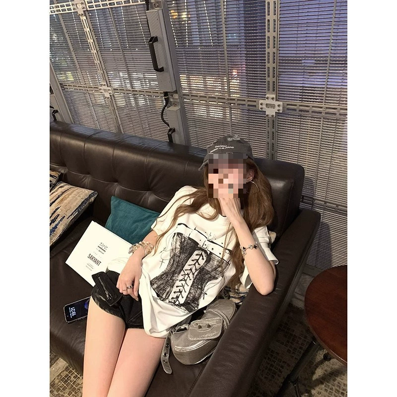 YS8 официальный образец 220 г чистый хлопок американский принт короткий рукав футболка для женщин 2025 лето новый свободный топ с круглым вырезом