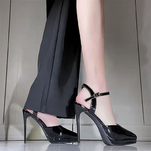 French Style Temperament Stiletto Heel Platform Black High-heeled Shoes with Buckle Thick Bottom Nude Pointed Summer Outer Wear Sandals