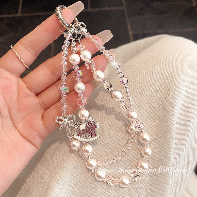 Pearl Rocking Horse Mobile Phone Chain Women's Wrist Pendant Jewelry Niche Exquisite Handmade Beaded Short Hand Chain Strap