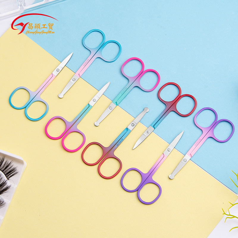 Suministro directo de fábrica herramientas de belleza Acero inoxidable oro rosa corte de cejas 21,5 tijeras gruesas nariz tijeras de pelo corte de cejas tijeras de belleza