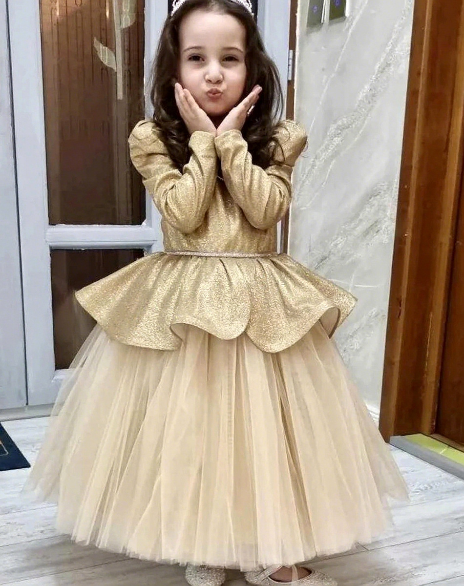 gold Children's New Sleeve Simple High-end Feel Little Girl Princess Stage Long Dress_voghion.com
