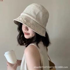 氛围感日系素色棉麻蕾丝花边系带渔夫帽遮脸防晒百搭盆帽出游帽子