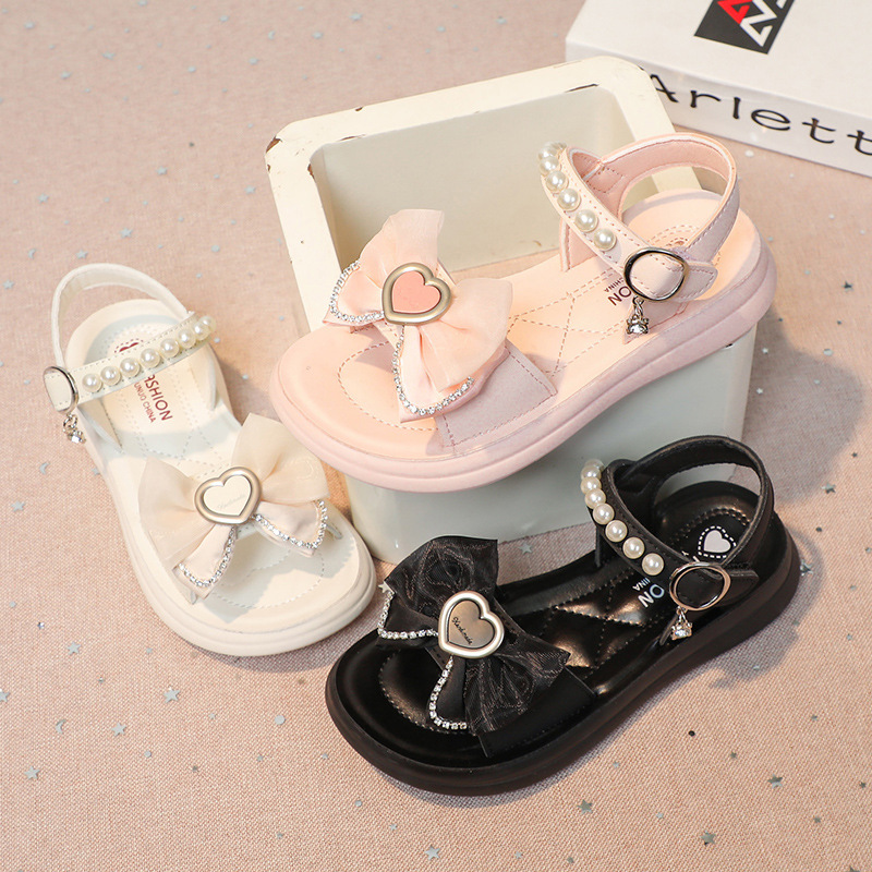 Girls' sandals children's Princess soft bottom Pearl fashion bow summer little girls' sports breathable beach shoes