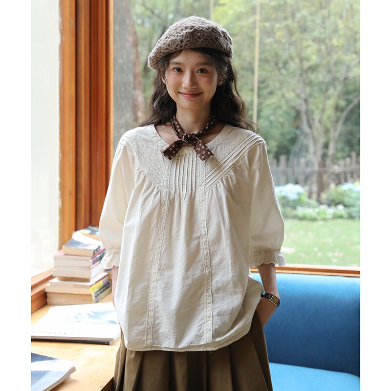Real Shot of 2026 Summer New Japanese-Style Artistic Fresh Pleated Round-Neck Heavy-Duty Five-Quarter Sleeve Shirt Top for Women Real Shot of 2026 Summer New Japanese-Style Artistic Fresh Pleated Round-Neck Heavy-Duty Five-Quarter Sleeve Shirt Top for Women