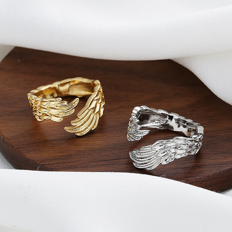 Wind plated silver opening feather wing ring, adjustable couple ring_voghion.com