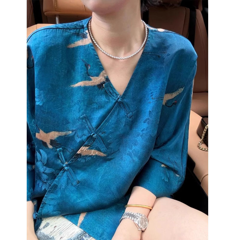 国风女装2025新款轻奢高级感超好看du特漂亮新中式蓝色印花衬衫夏|undefined