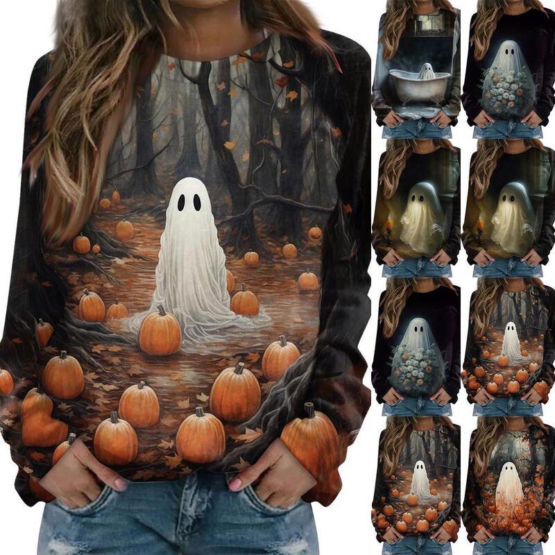 Amazon 3D Digital Printed Halloween Ghost Pattern Round Neck Long-Sleeved T-Shirt Fashionable Casual Women's Long-Sleeved Top