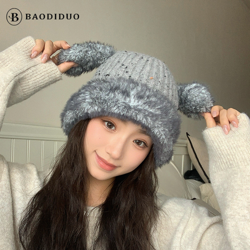 毛绒兔耳朵毛线针织帽子女秋冬季显脸小毛绒可爱保暖大头围护耳帽|undefined