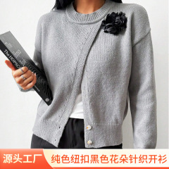 25秋冬跨境亚马逊女装高级优雅纯色纽扣黑色花朵针织套头衫