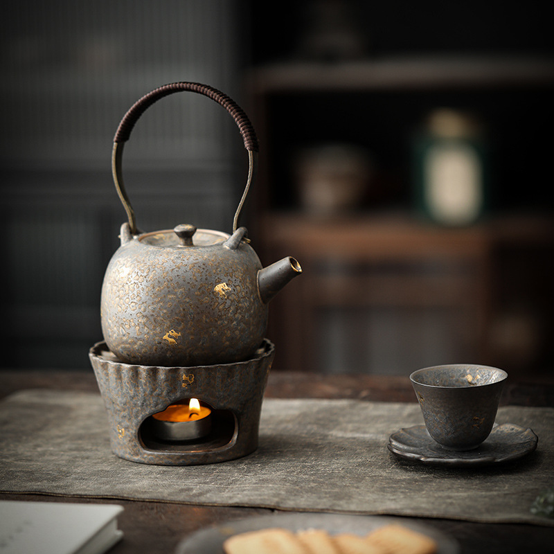 粗陶點金鎏金蠟燭溫茶爐套裝保溫爐溫茶器底座提梁壺側把壺暖茶爐