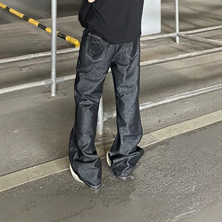 美式潮牌cleanfit原牛复古刺绣微喇牛仔裤男修身显瘦通勤休闲裤子