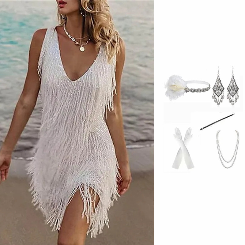 New 1920s Vintage Gatsby Evening Dress Sexy V-Neck Tassel Prom Show Dress One Piece Hair