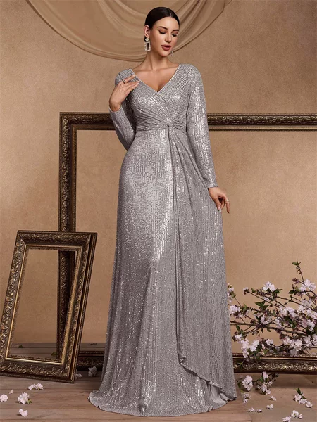 Cross-border New Sequin Long-sleeved V-neck Banquet Evening Dress European and American High-end Elegant Elegant Long Dress Annual Meeting Pai Dress